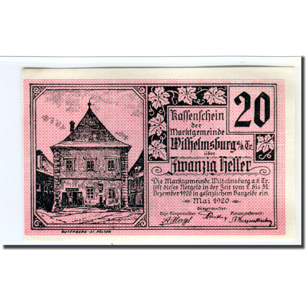 Billete, Austria, Wilhelmsburg N.Ö. Marktgemeinde, 20 Heller, Blason 1, 1920