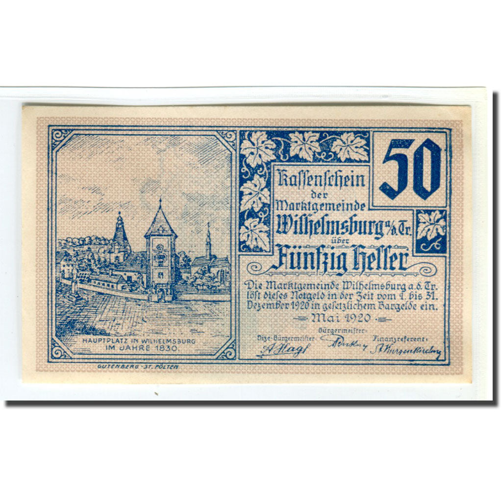 Billete, Austria, Wilhelmsburg N.Ö. Marktgemeinde, 50 Heller, Blason 2, 1920