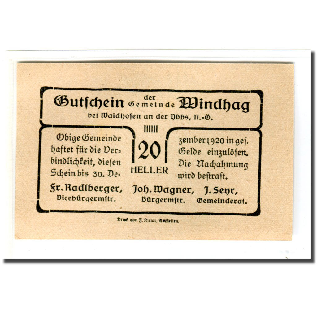 Billete, Austria, Windhag bei Waidhofen an der Ybbs N.Ö. Gemeinde, 20 Heller