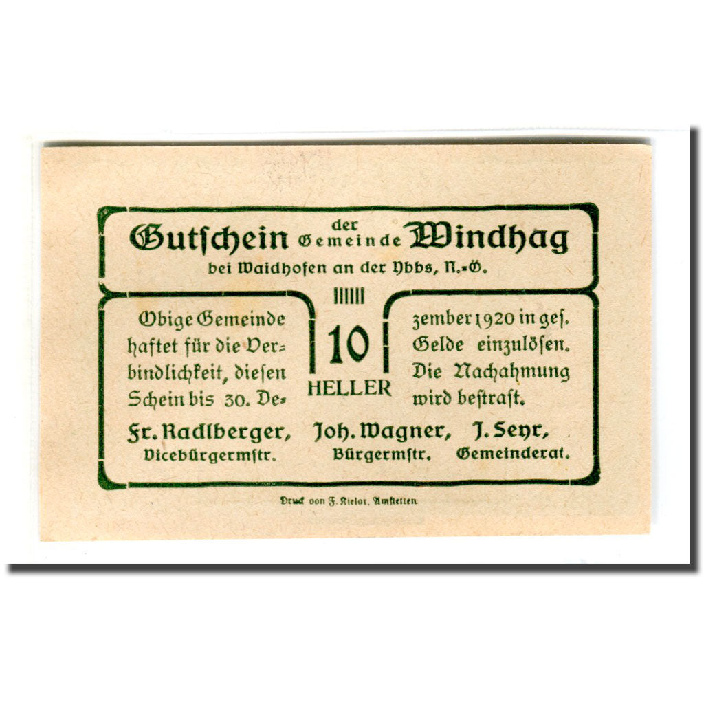 Billete, Austria, Windhag bei Waidhofen an der Ybbs N.Ö. Gemeinde, 10 Heller