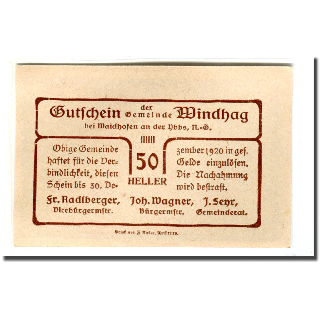 Banknote, Austria, Windhag bei Waidhofen an der Ybbs N.Ö. Gemeinde, 50 Heller