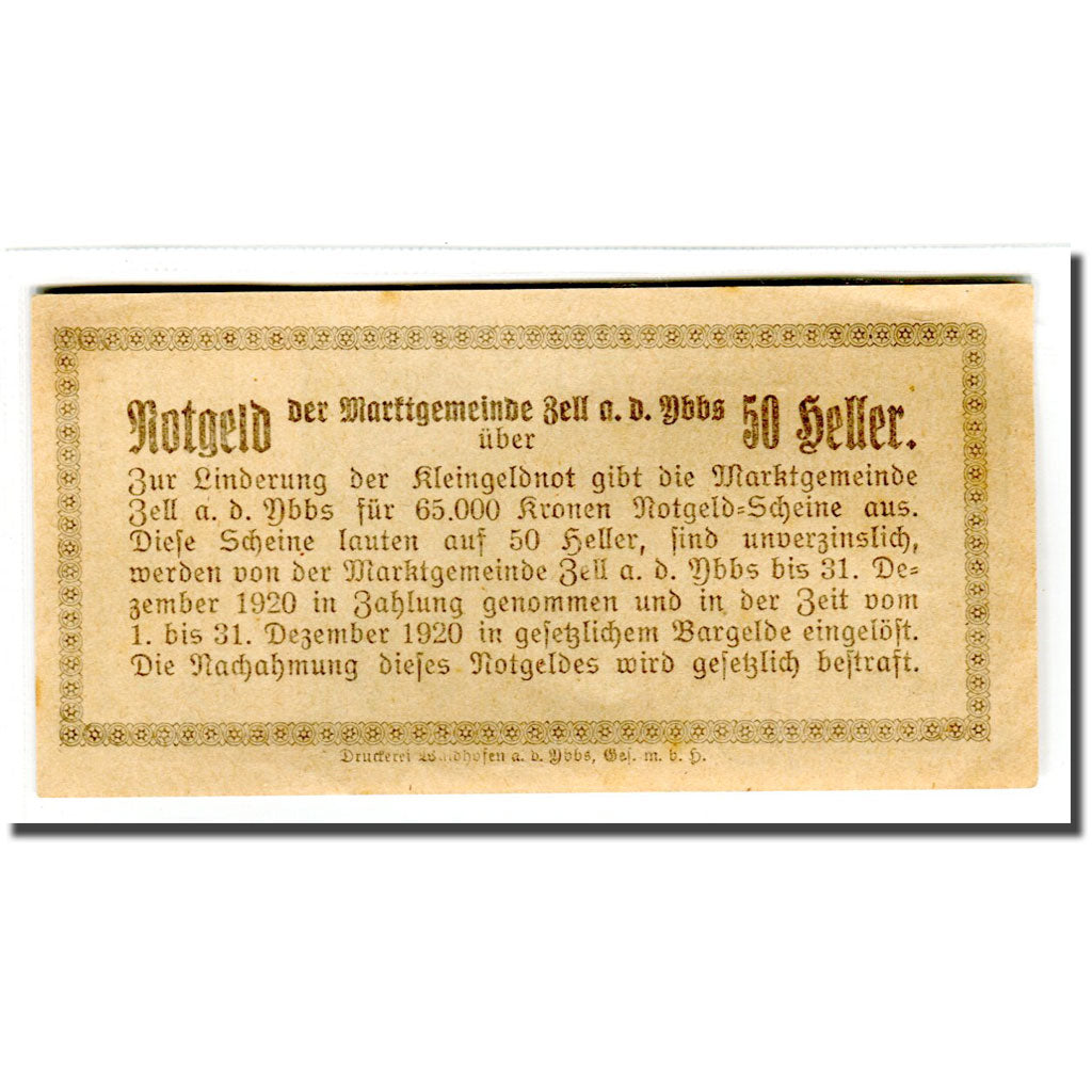 Billete, Austria, Zell a/d Ybbs, 50 Heller, Texte, 1920, 1920-04-10, SC