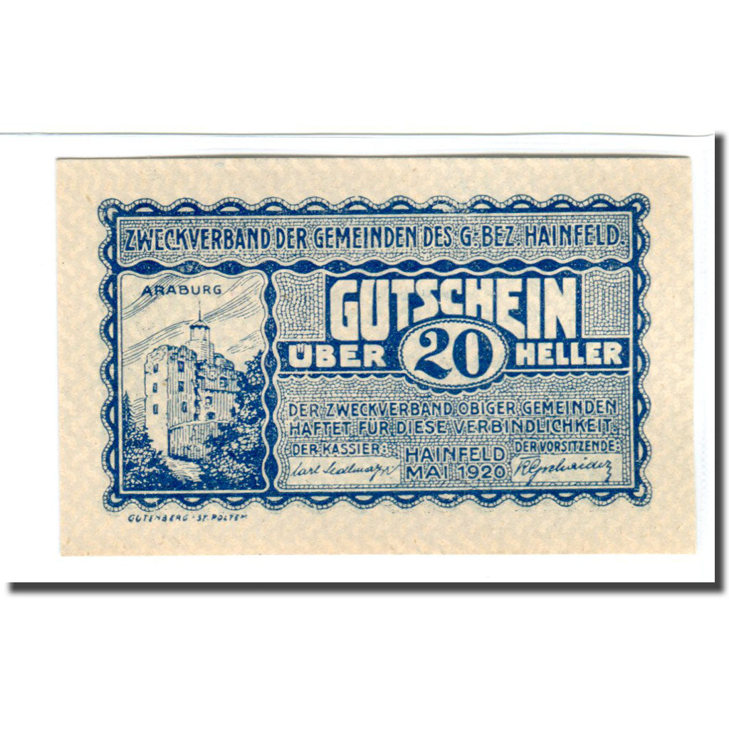 Billete, Austria, Hainfeld, 20 Heller, texte 1, 1920, SC, Mehl:340a