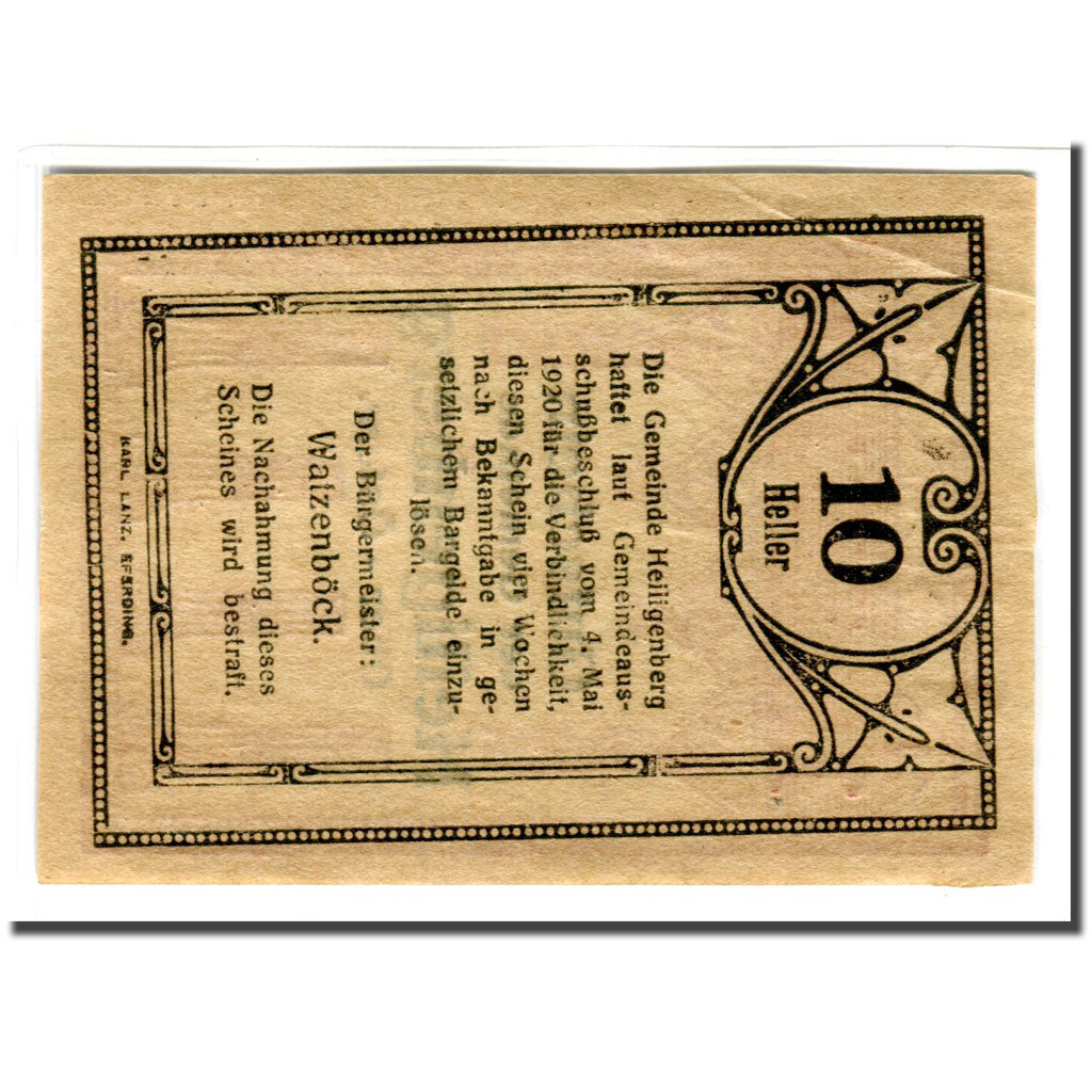Billete, Austria, Heiligenberg, 10 Heller, Texte, 1920, SC, Mehl:361Ia