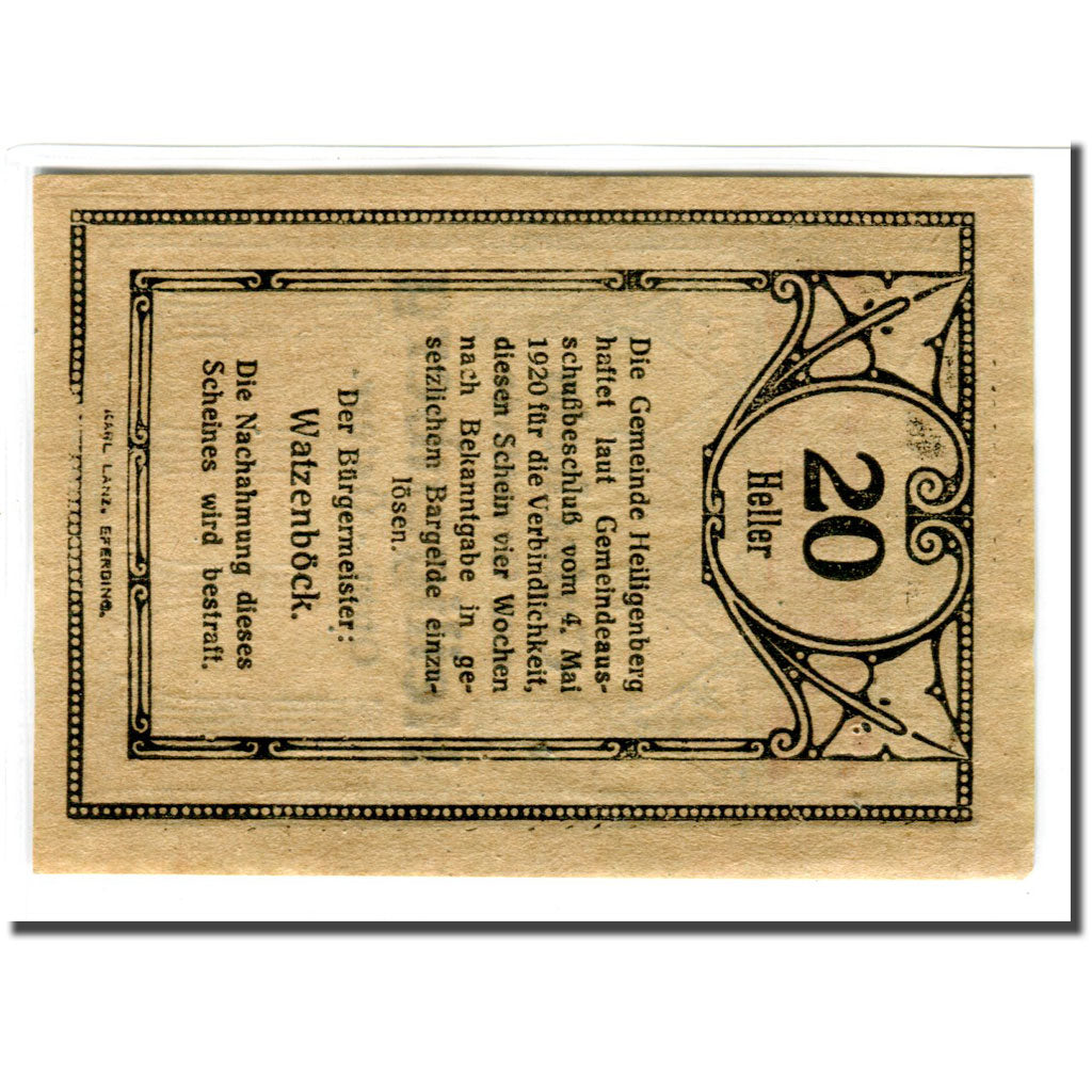 Banknot, Austria, Heiligenberg, 20 Heller, texte 1, 1920, Undated, UNC(63)