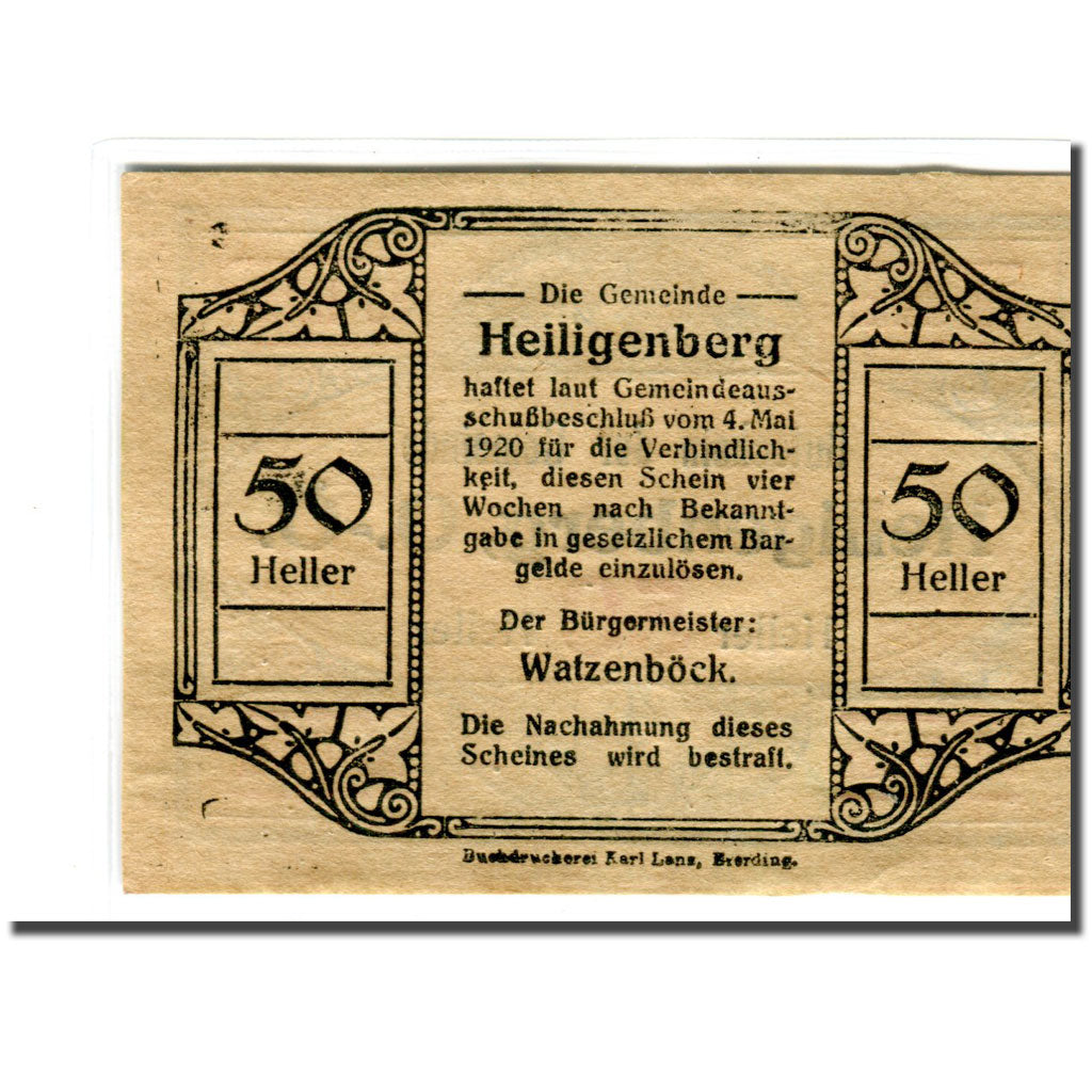 Banknot, Austria, Heiligenberg, 50 Heller, Texte 2, 1920, Undated, UNC(63)