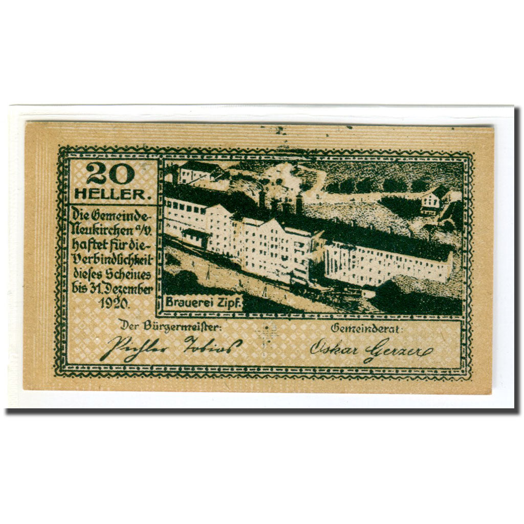 Nota, Áustria, Neukirchen an der Vöckla O.Ö. Gemeinde, 20 Heller, Batiment