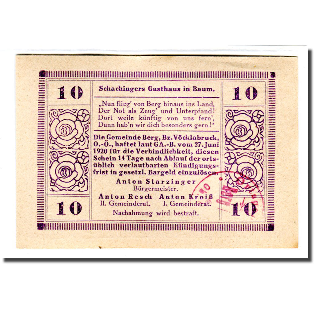 Geldschein, Österreich, Berg O.Ö. Gemeinde, 10 Heller, Maison, 1920