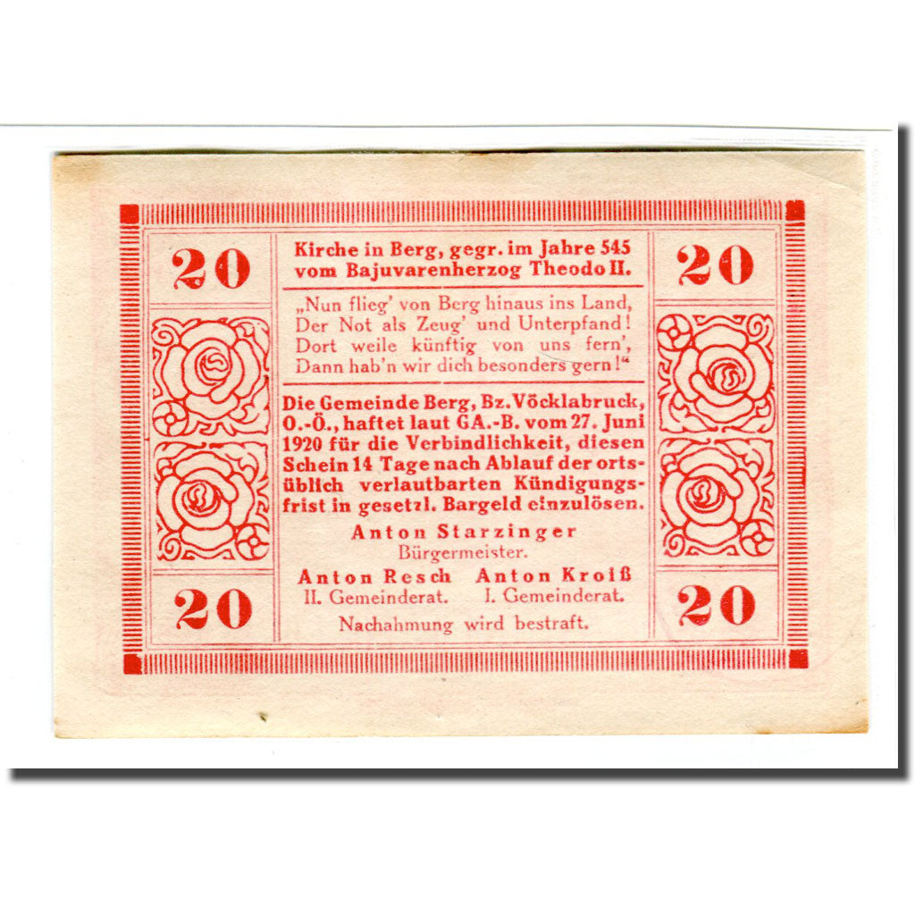 Banknot, Austria, Berg O.Ö. Gemeinde, 20 Heller, village, 1920, 1920-06-27
