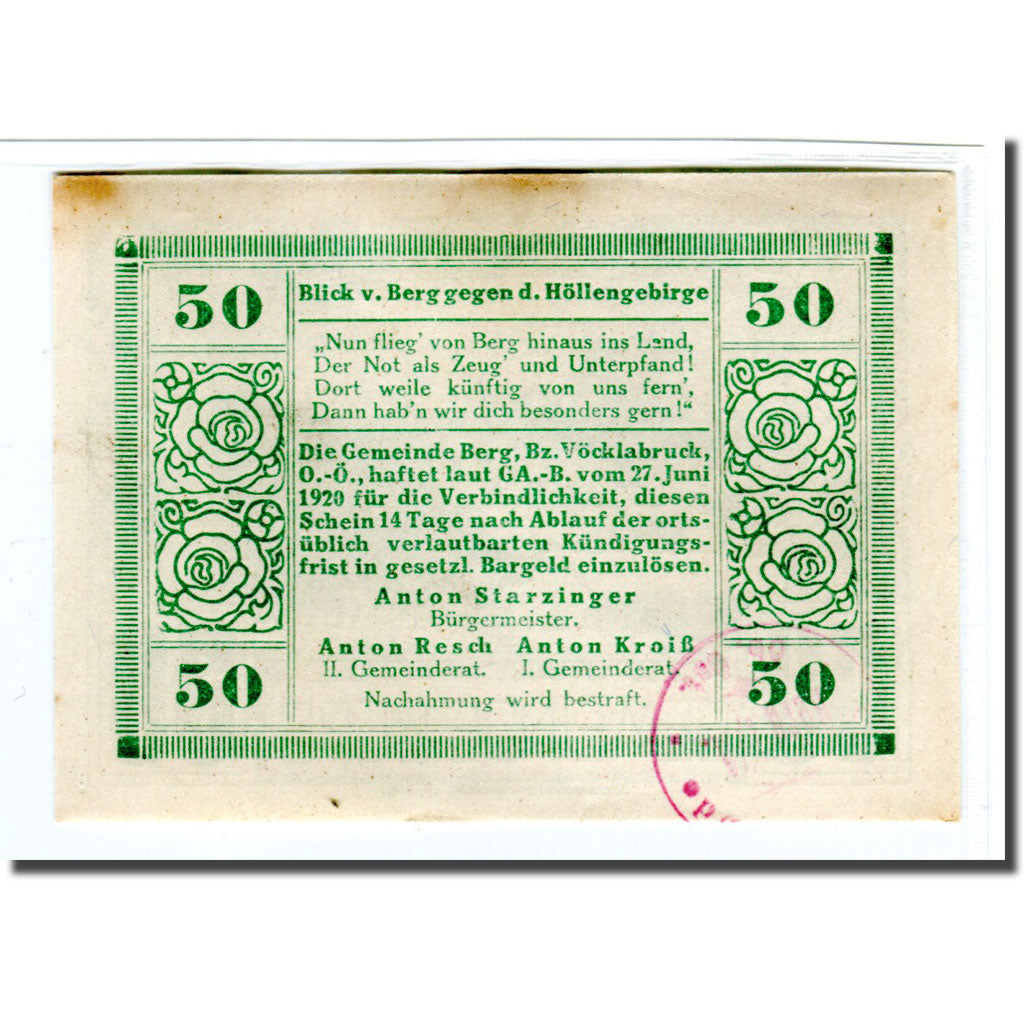 Geldschein, Österreich, Berg O.Ö. Gemeinde, 50 Heller, paysage, 1920