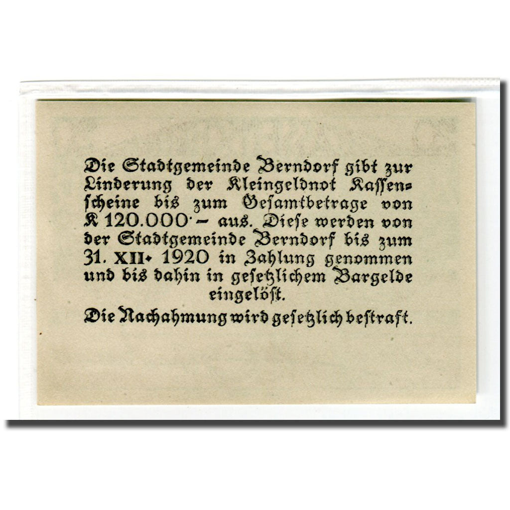 Billete, Austria, Berndorf N.Ö. Stadtgemeinde, 20 Heller, Texte, 1920