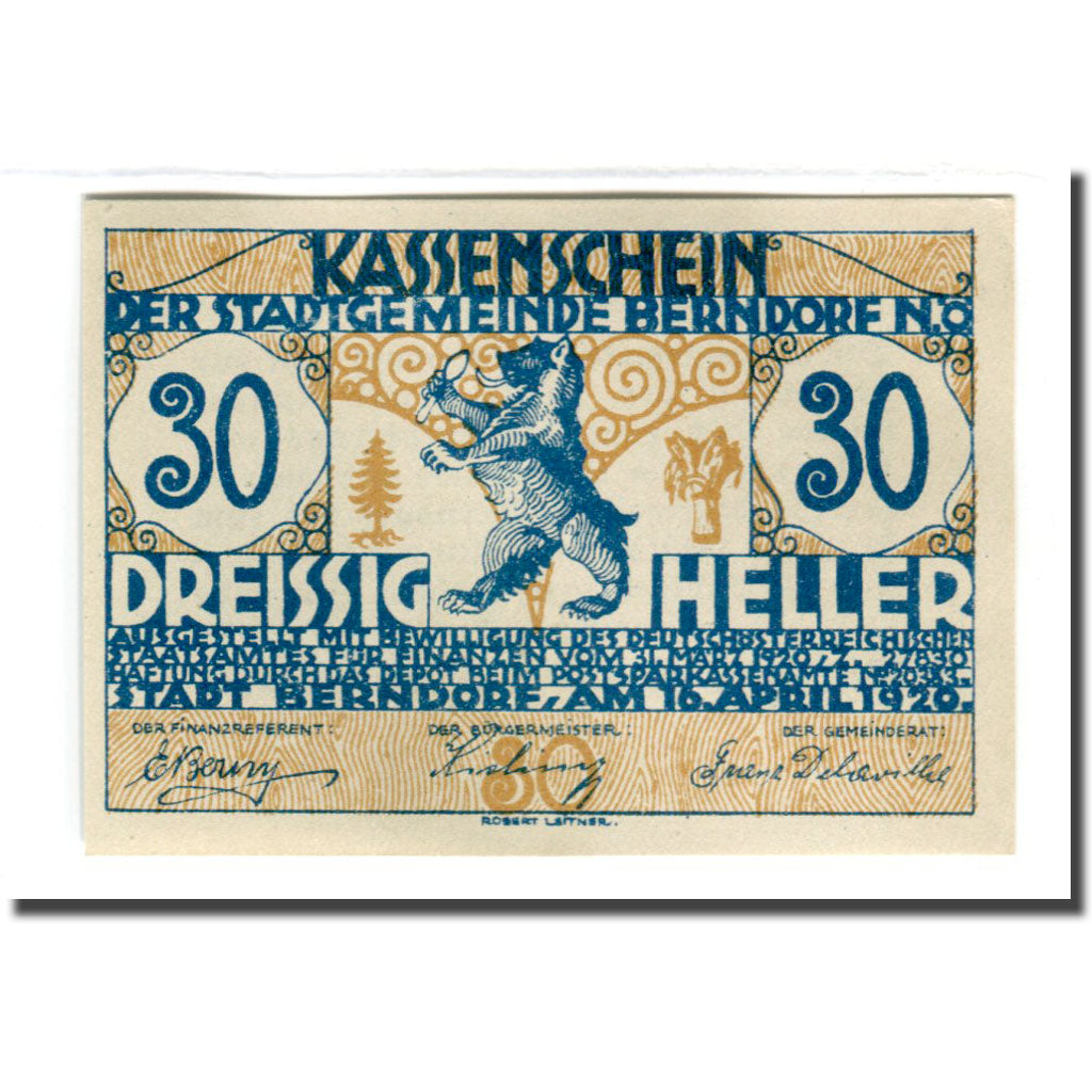 Geldschein, Österreich, Berndorf N.Ö. Stadtgemeinde, 30 Heller, texte 1, 1920