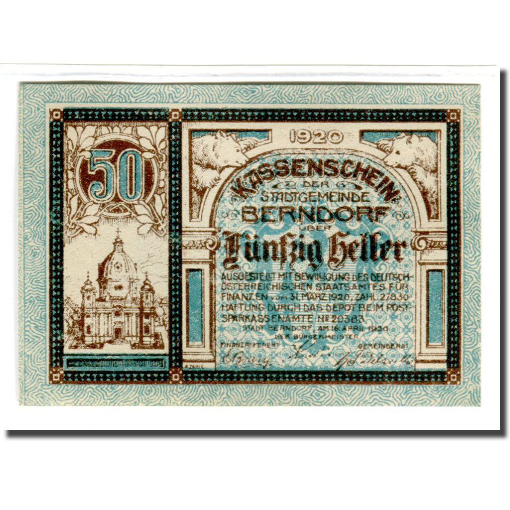 Nota, Áustria, Berndorf N.Ö. Stadtgemeinde, 50 Heller, Texte 2, 1920