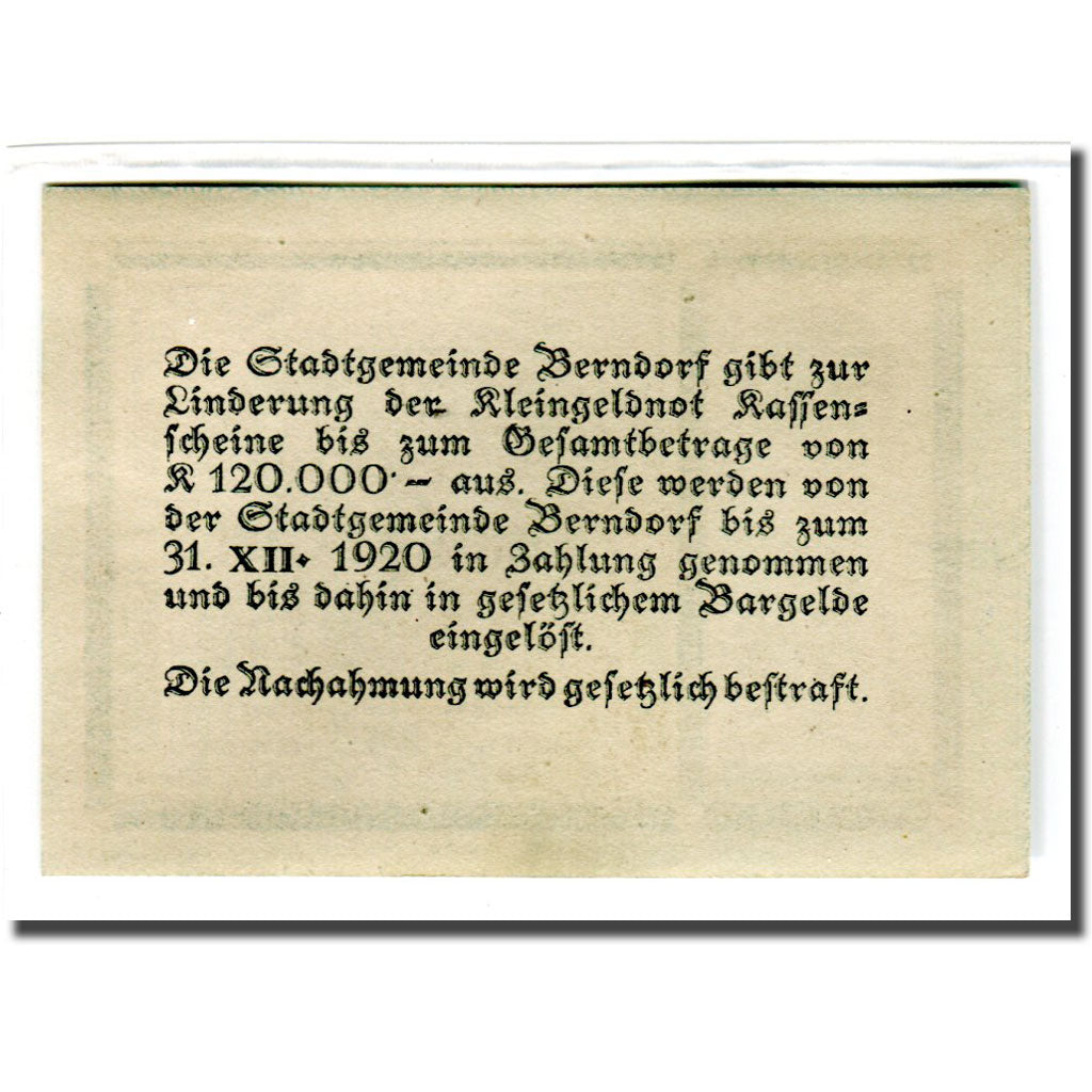 Nota, Áustria, Berndorf N.Ö. Stadtgemeinde, 50 Heller, Texte 2, 1920