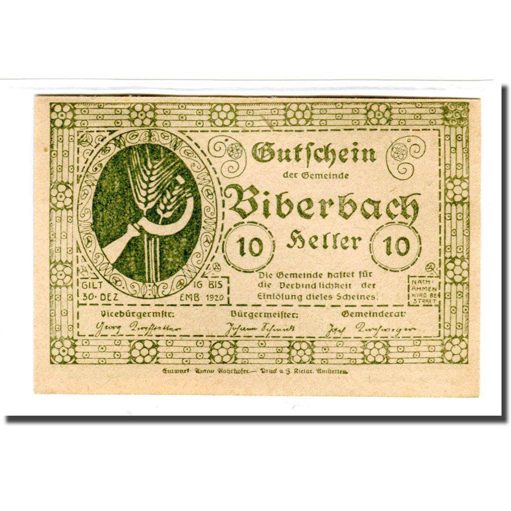 Geldschein, Österreich, Biberbach, 10 Heller, paysage, 1920, UNZ-, Mehl:86IIc