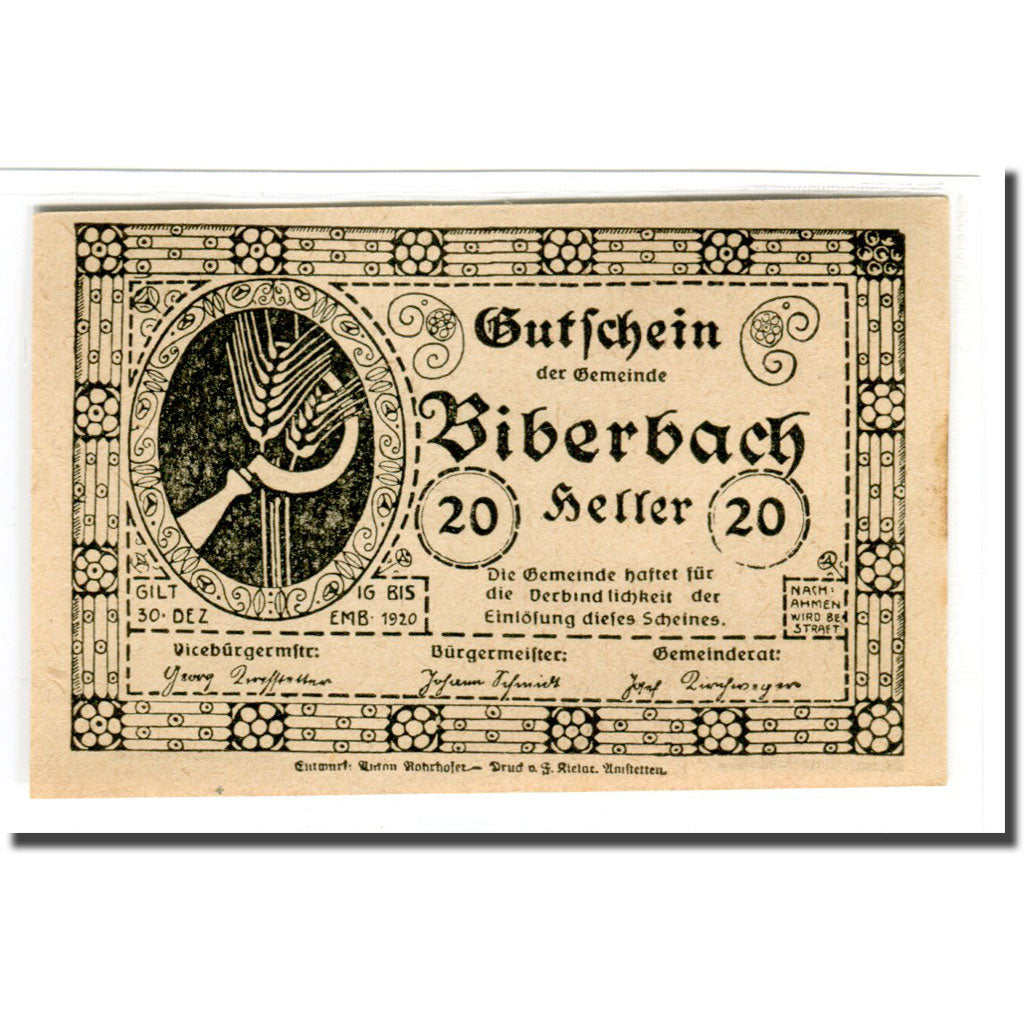 Geldschein, Österreich, Biberbach, 20 Heller, paysage 1, 1920, UNZ-, Mehl:86IIc