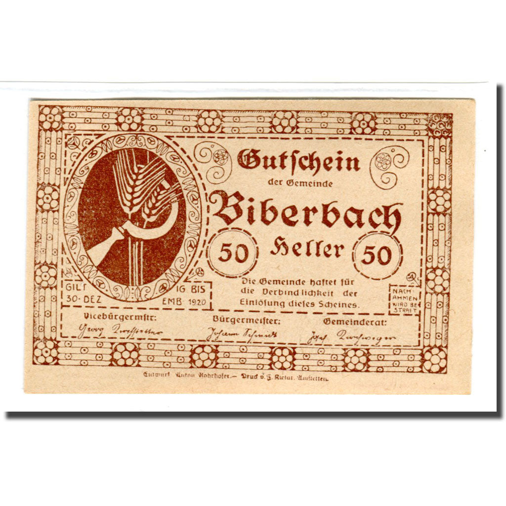 Geldschein, Österreich, Biberbach, 50 Heller, paysage 2, 1920, UNZ-, Mehl:86IIc