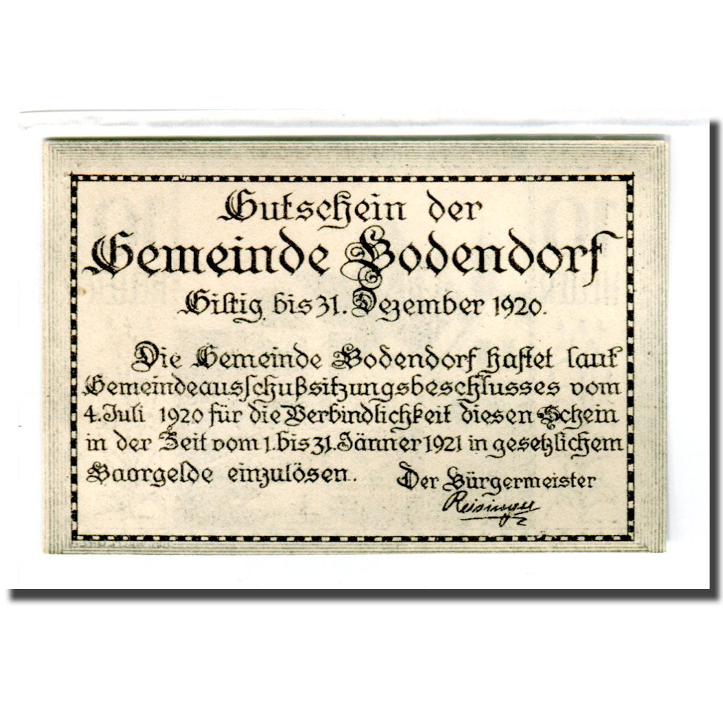 Geldschein, Österreich, Bodendorf O.Ö. Gemeinde, 10 Heller, Texte, 1920