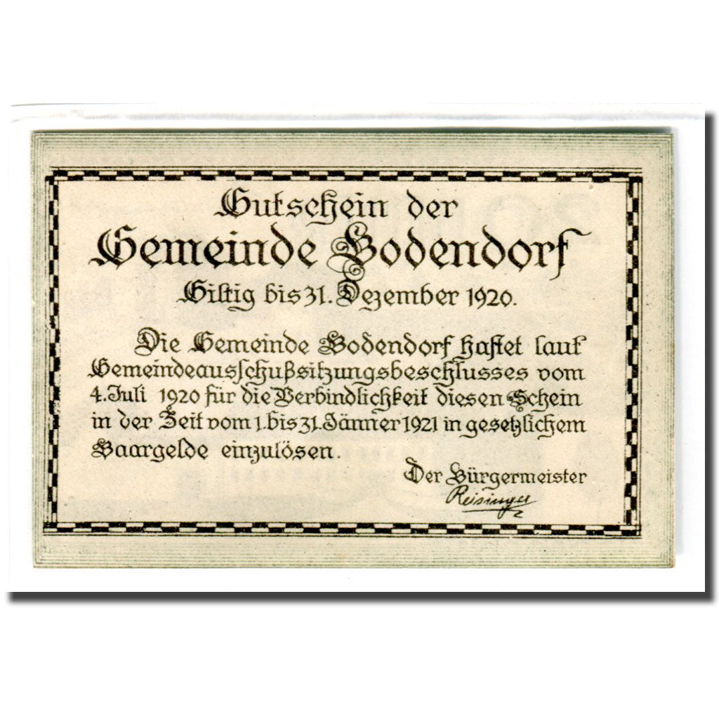 Geldschein, Österreich, Bodendorf O.Ö. Gemeinde, 20 Heller, texte 1, 1920