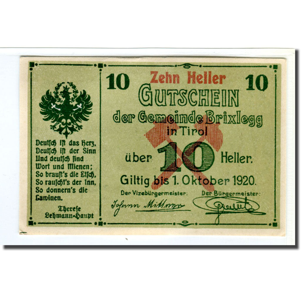 Banknote, Austria, Brixlegg, 10 Heller, paysage, 1920, UNC(63), Mehl:104c