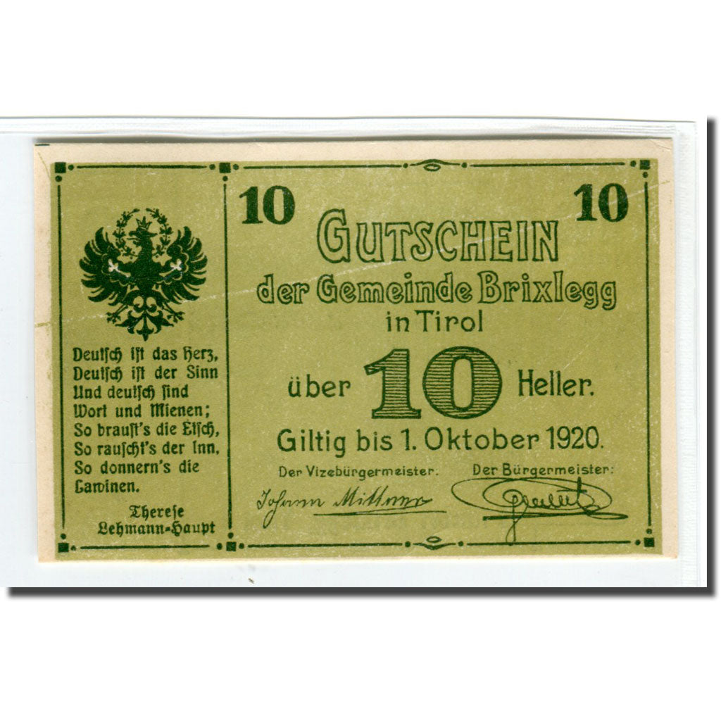 Banknote, Austria, Brixlegg, 10 Heller, paysage 1, 1920, UNC(63), Mehl:104c