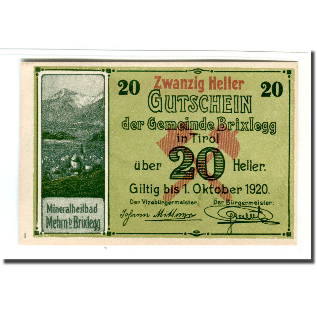 Geldschein, Österreich, Brixlegg, 20 Heller, personnage 1, 1920, UNZ-
