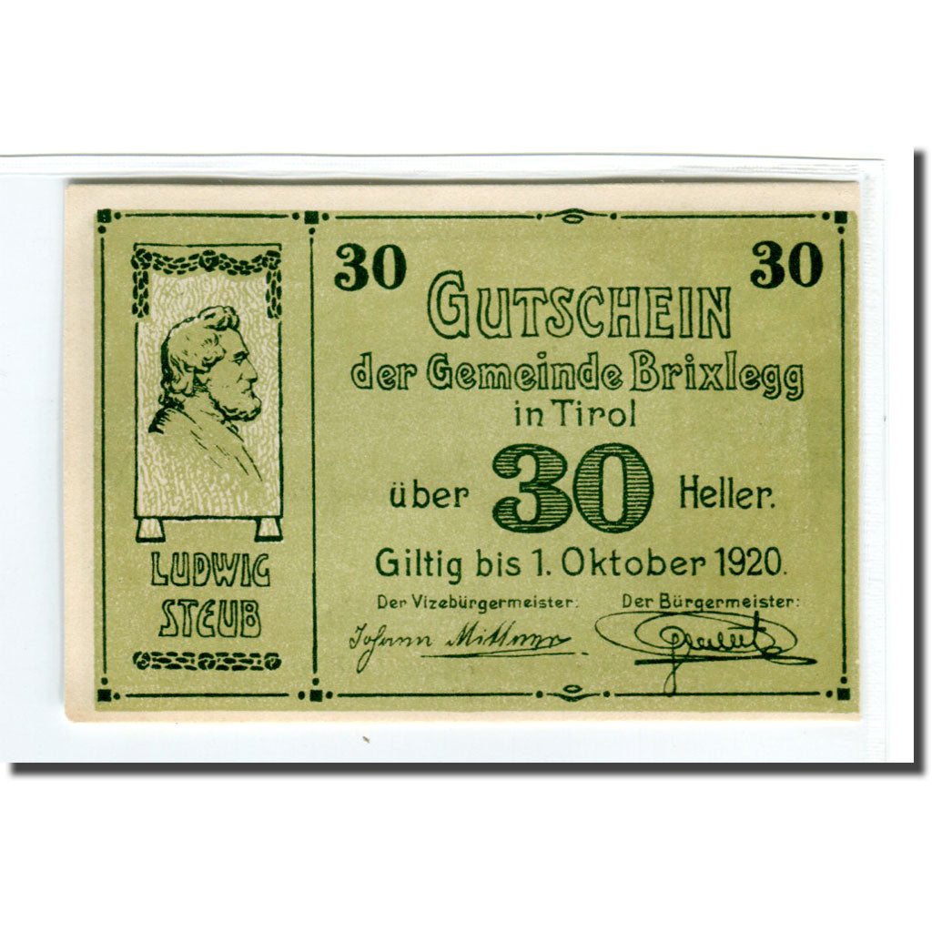 Banknote, Austria, Brixlegg, 30 Heller, paysage 2, 1920, UNC(63), Mehl:104c
