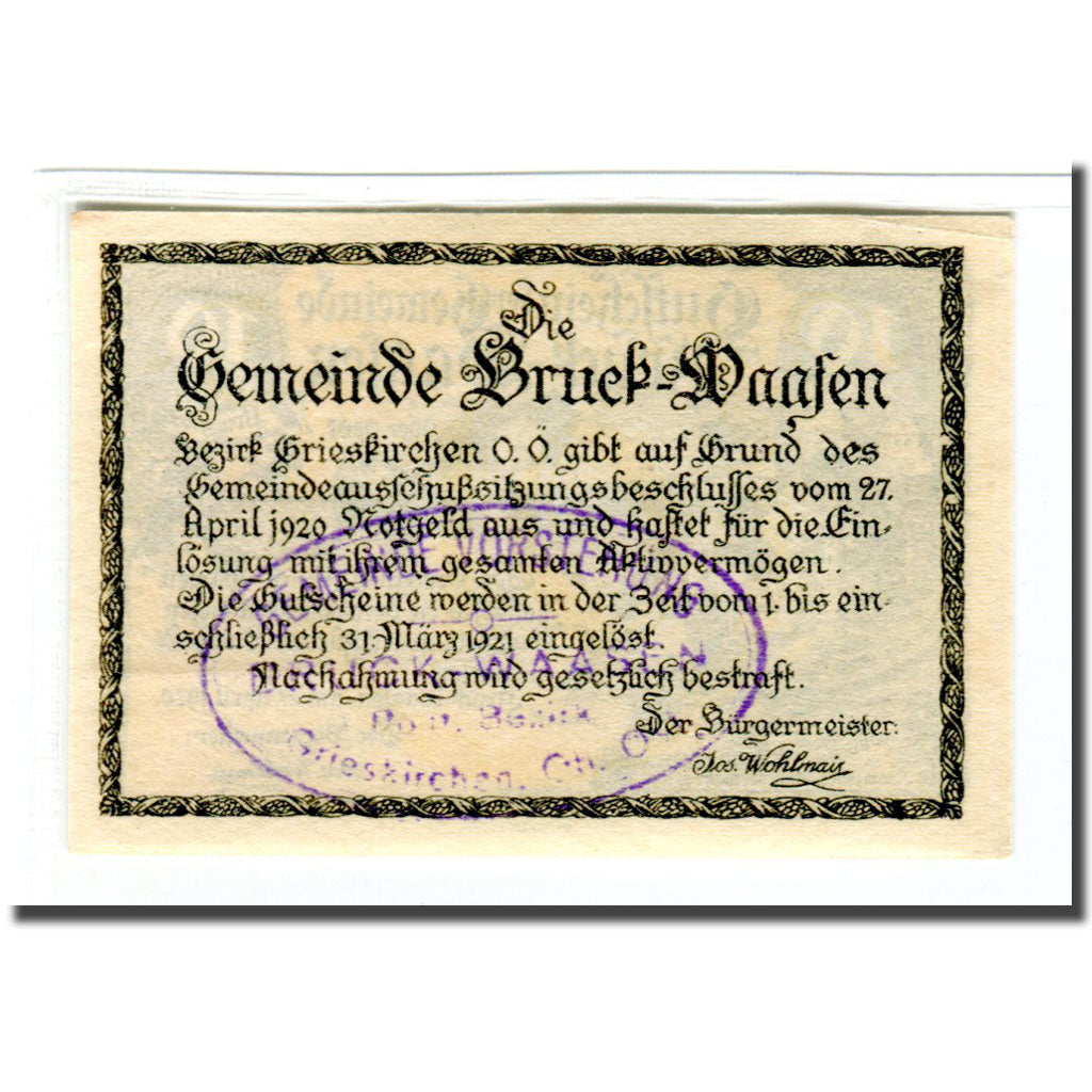 Banknote, Austria, Bruck-Waasen, 10 Heller, Texte, 1920, 1920-04-27, UNC(63)