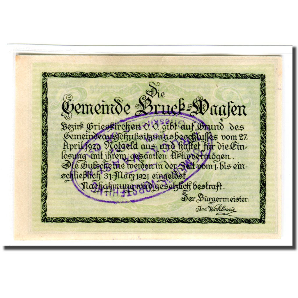 Geldschein, Österreich, Bruck-Waasen, 50 Heller, Texte 2, 1920, 1920-04-27