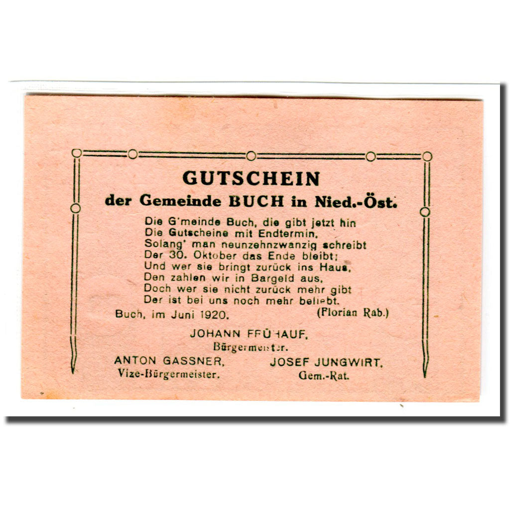 Billete, Austria, Buch, 20 Heller, Texte, 1920, SC, Mehl:113a