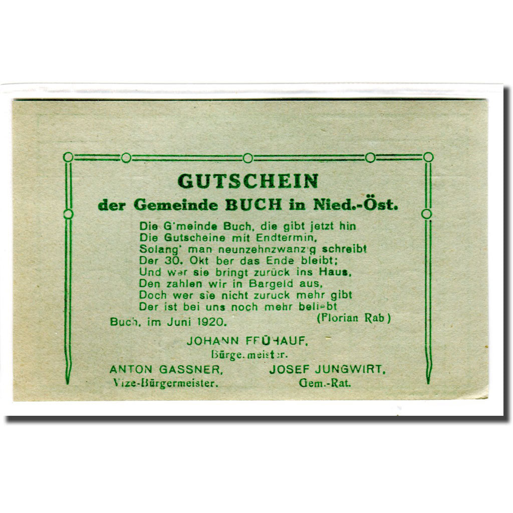 Nota, Áustria, Buch, 50 Heller, Texte 3, 1920, UNC(63), Mehl:113a