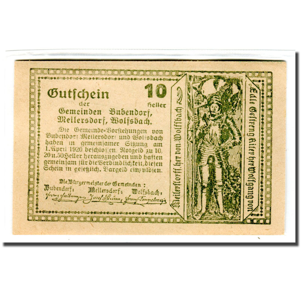 Geldschein, Österreich, Bubendorf, 10 Heller, personnage, 1920, 1920-04-01