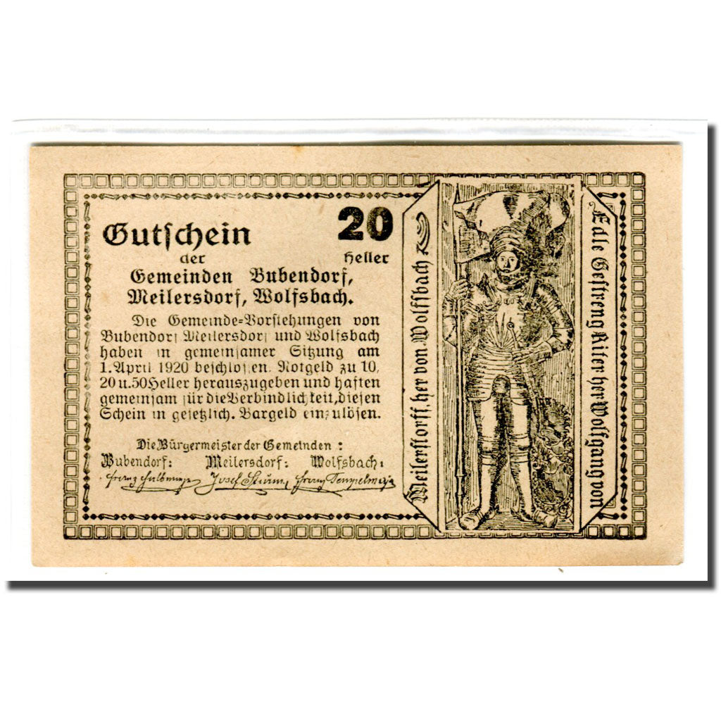 Banknote, Austria, Bubendorf, 20 Heller, personnage 1, 1920, 1920-04-01