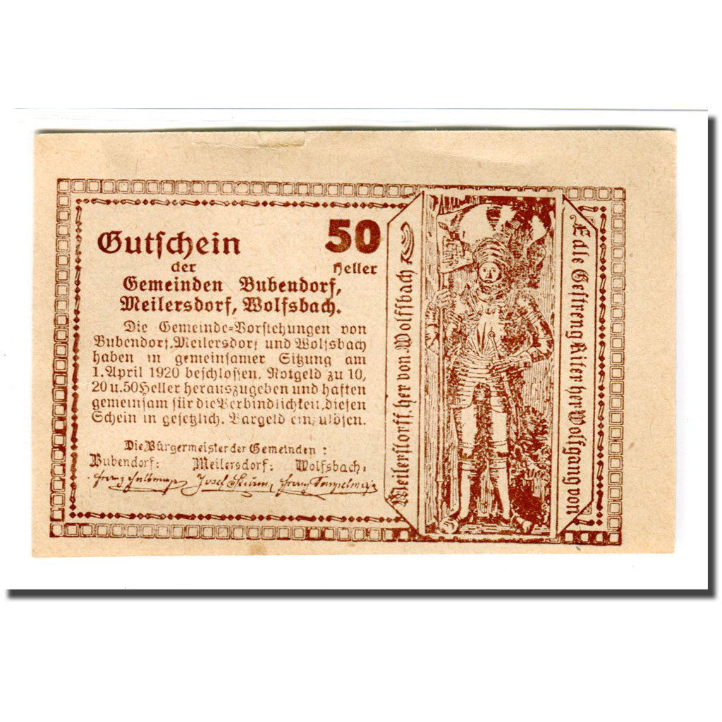 Banknote, Austria, Bubendorf, 50 Heller, personnage 2, 1920, 1920-04-01