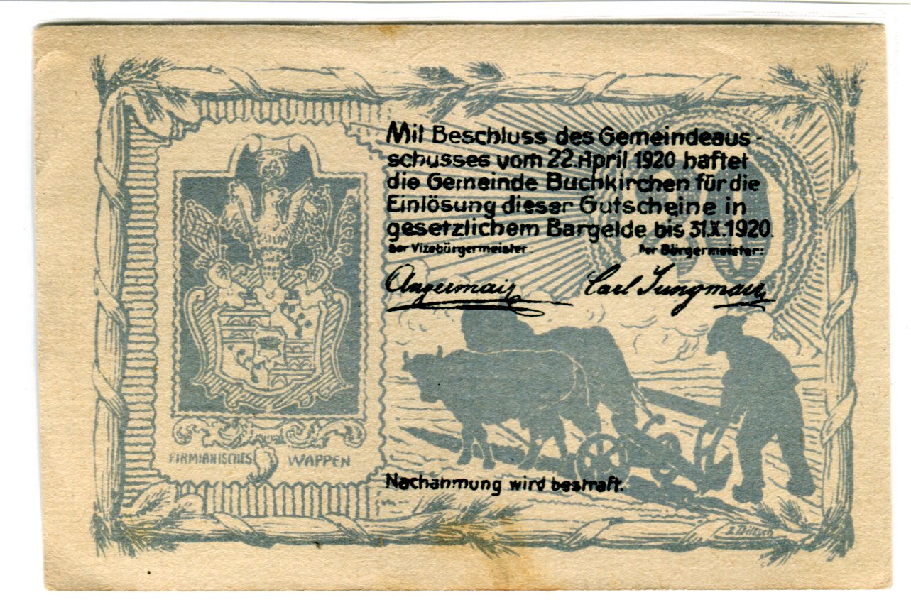 Biljet, Oostenrijk, Buchkirchen O.Ö. Gemeinde, 10 Heller, Batiment, 1920