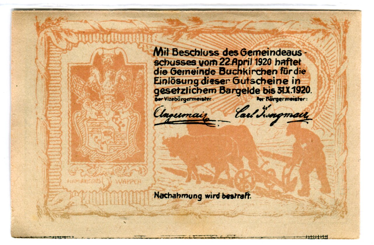 Geldschein, Österreich, Buchkirchen O.Ö. Gemeinde, 20 Heller, batiment 1