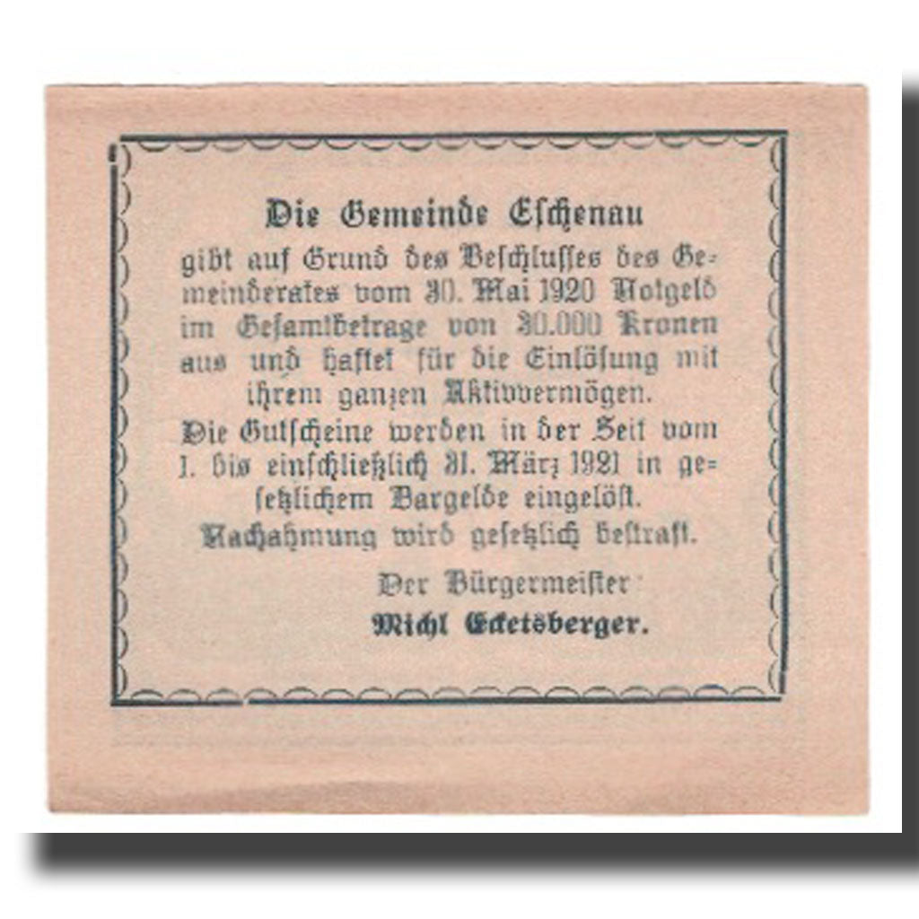 Banknot, Austria, Eschenau, 10 Heller, Texte, 1920, 1920-05-30, UNC(63)
