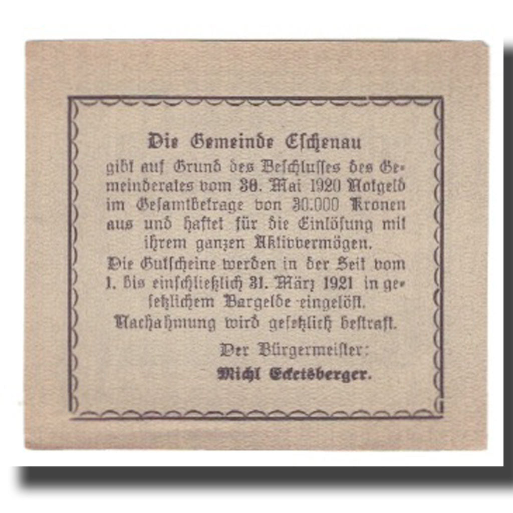 Billete, Austria, Eschenau, 20 Heller, texte 1, 1920, 1920-05-30, SC, Mehl:187a
