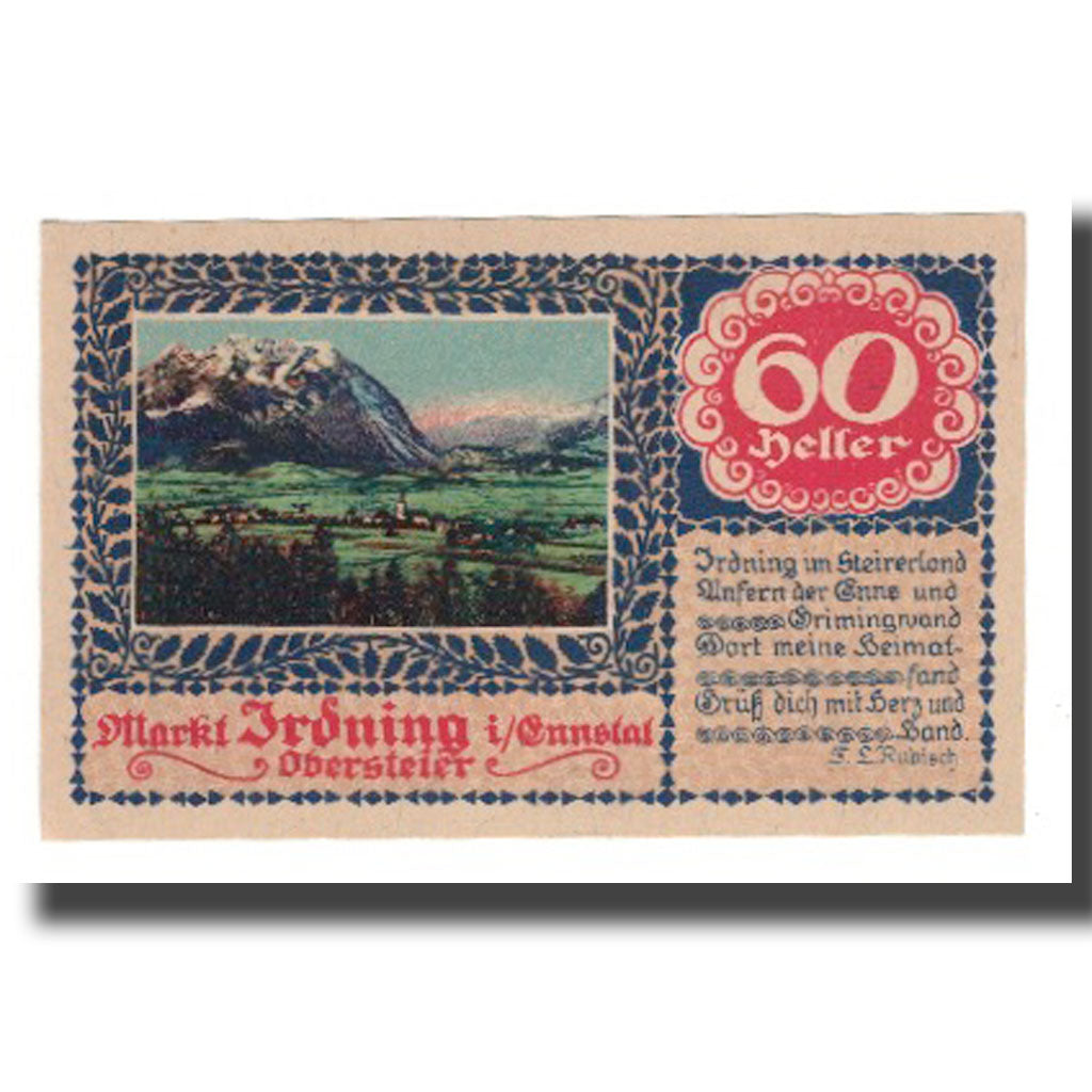 Geldschein, Österreich, Irdning Stm. Prv. Fa. August Dangl Gemeinde, 60 Heller