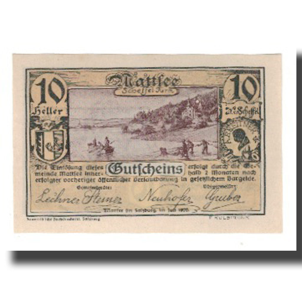 Banknote, Austria, Mattsee bei Salzburg Sbg. Gemeinde, 10 Heller, paysage, 1920