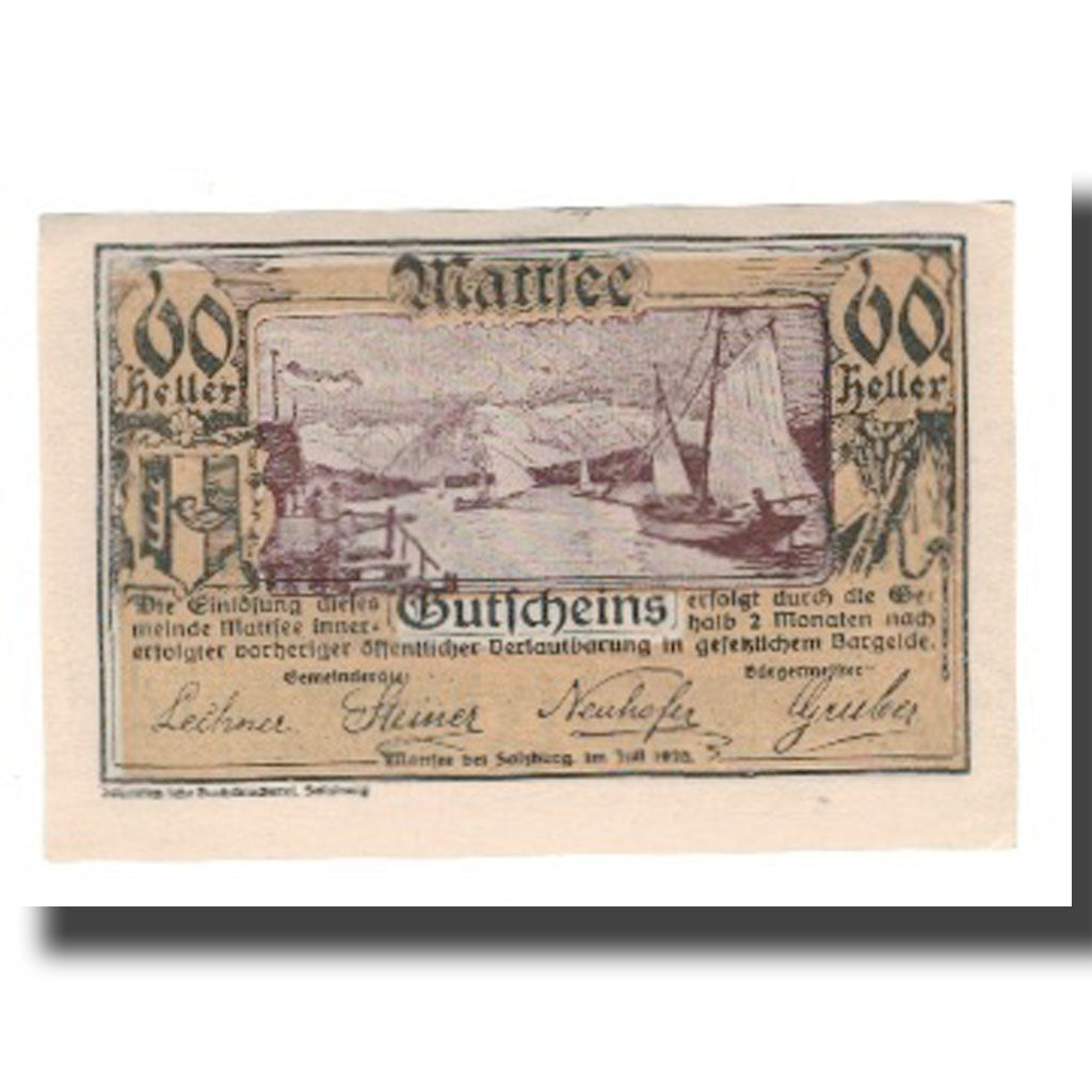 Banknote, Austria, Mattsee bei Salzburg Sbg. Gemeinde, 60 Heller, Eglise, 1920