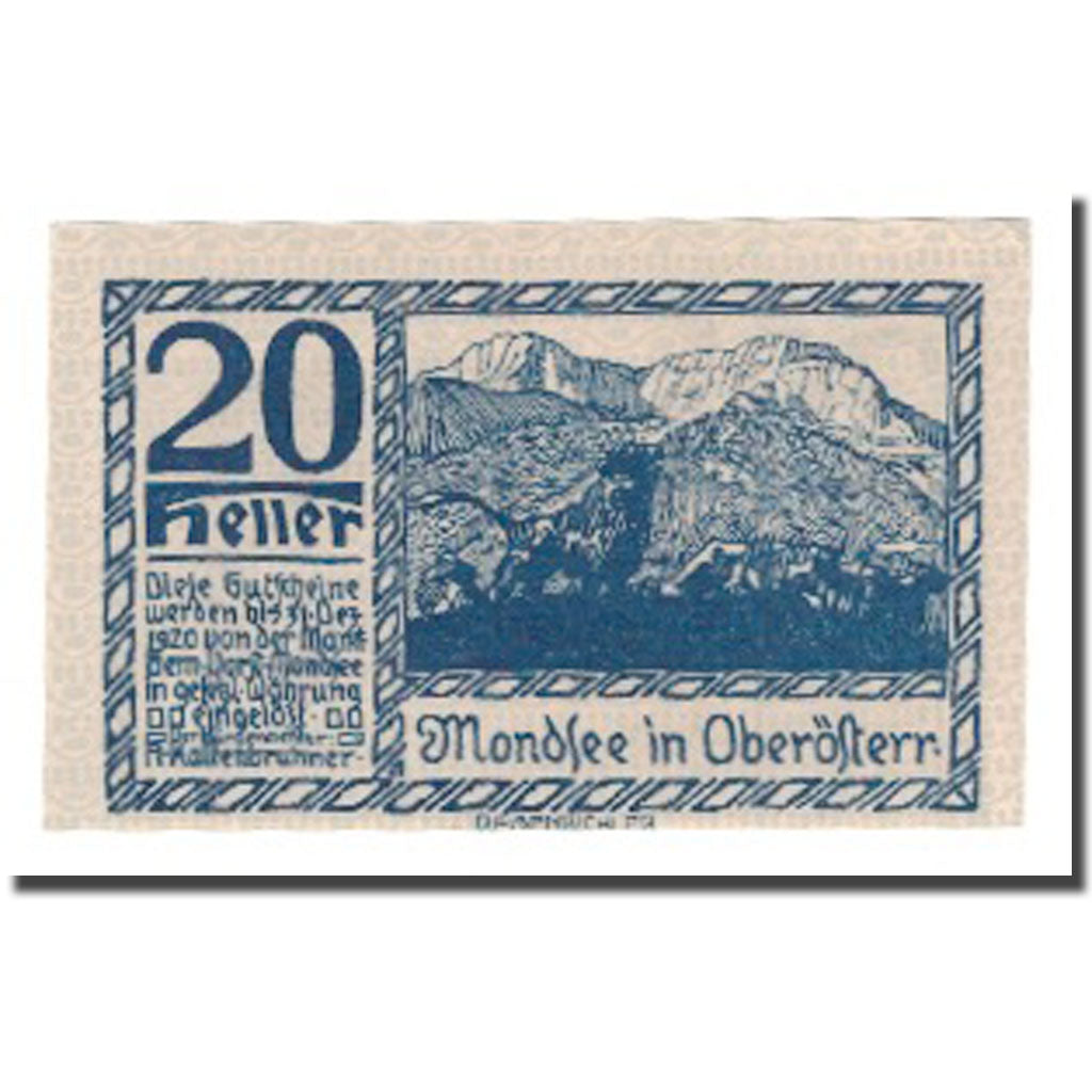 Billet, Autriche, Mondsee O.Ö. Marktgemeinde, 20 Heller, personnage 1, 1920