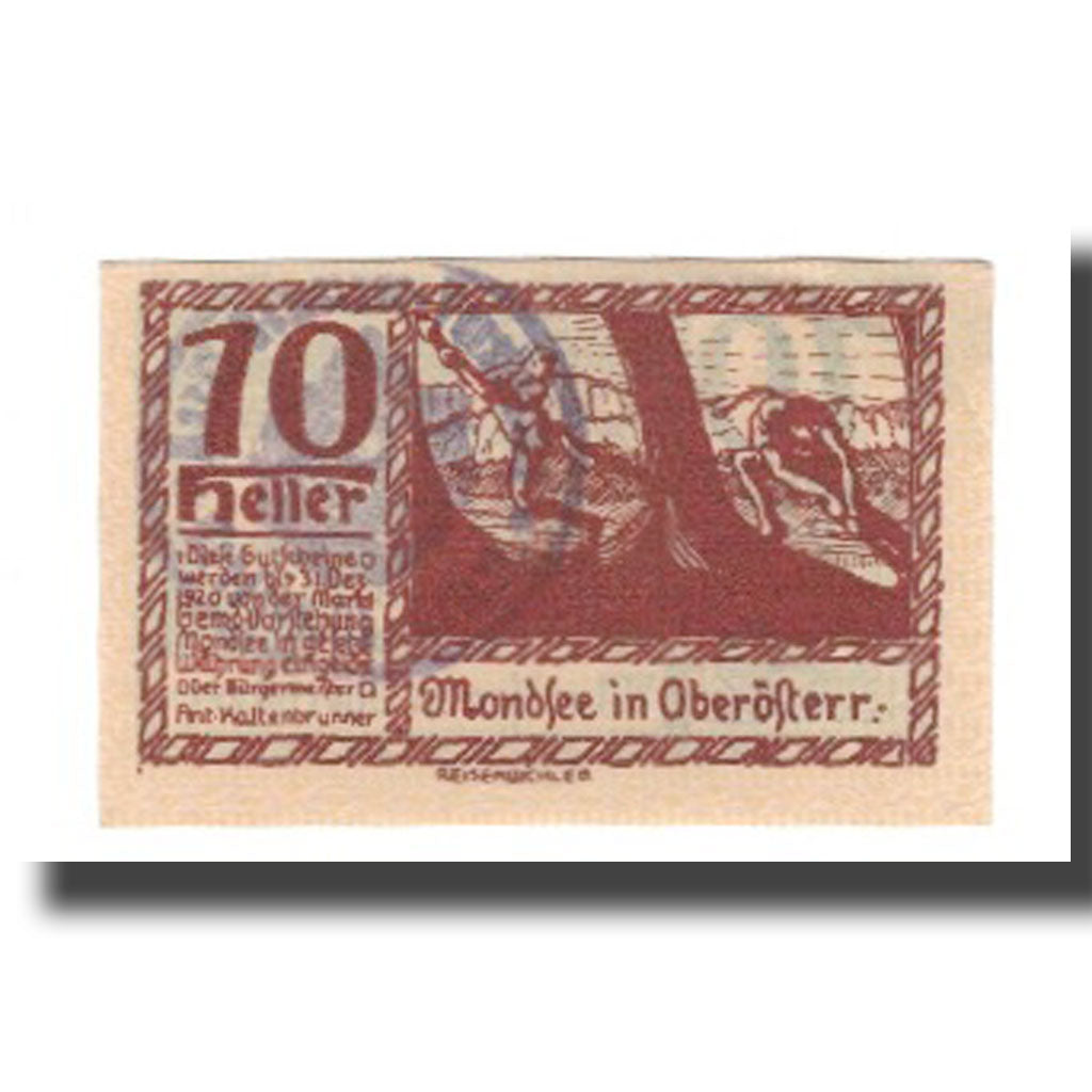Billet, Autriche, Mondsee O.Ö. Marktgemeinde, 10 Heller, Personnage 11, 1920
