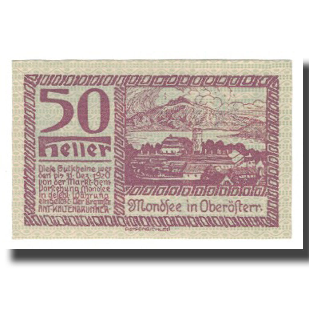 Billet, Autriche, Mondsee O.Ö. Marktgemeinde, 50 Heller, Personnage 14, 1920