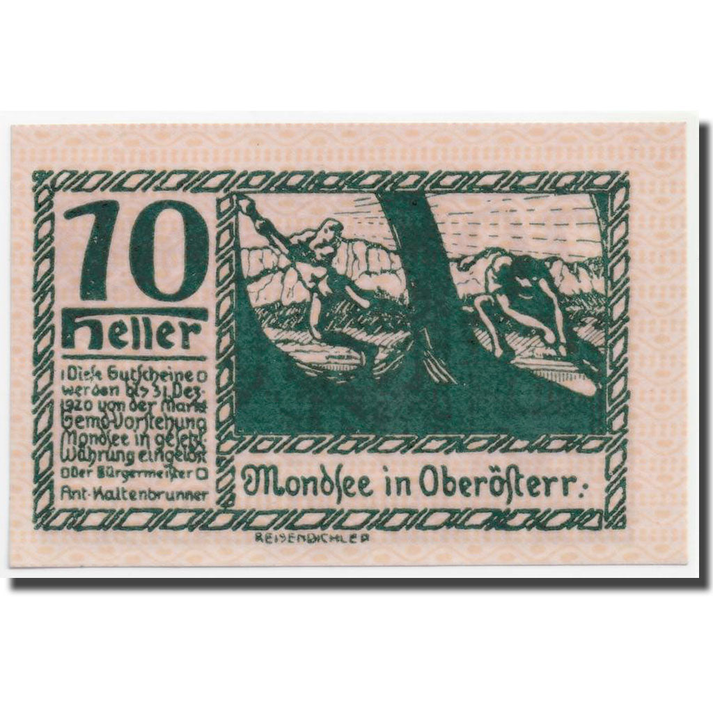 Banknote, Austria, Mondsee O.Ö. Marktgemeinde, 10 Heller, Personnage 18, 1920