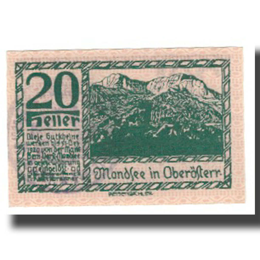 Banknote, Austria, Mondsee O.Ö. Marktgemeinde, 20 Heller, Personnage 19, 1920