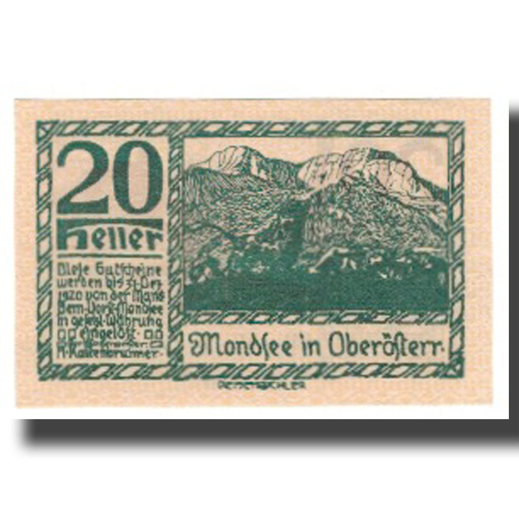 Banknote, Austria, Mondsee O.Ö. Marktgemeinde, 20 Heller, Personnage 20, 1920