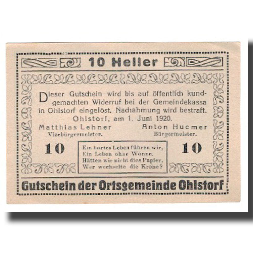 Billete, Austria, Ohlstorf, 10 Heller, paysage, 1920, 1920-06-01, SC, Mehl:708b