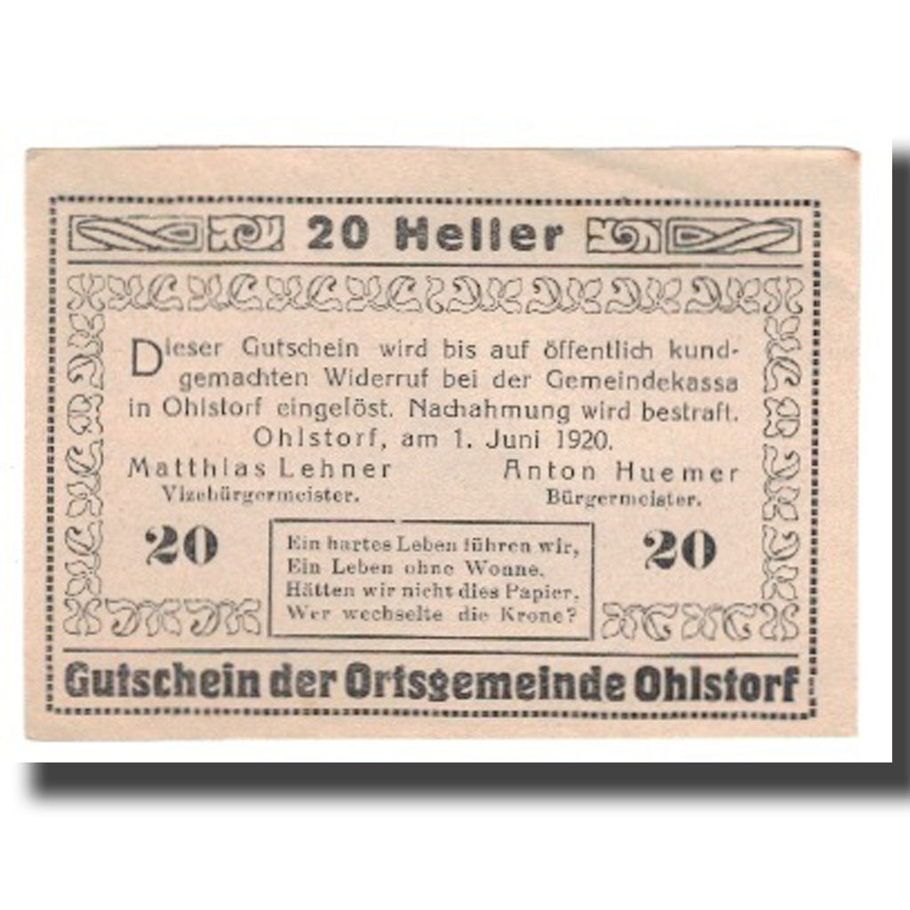 Banknote, Austria, Ohlstorf, 20 Heller, paysage 1, 1920, 1920-06-01, UNC(63)