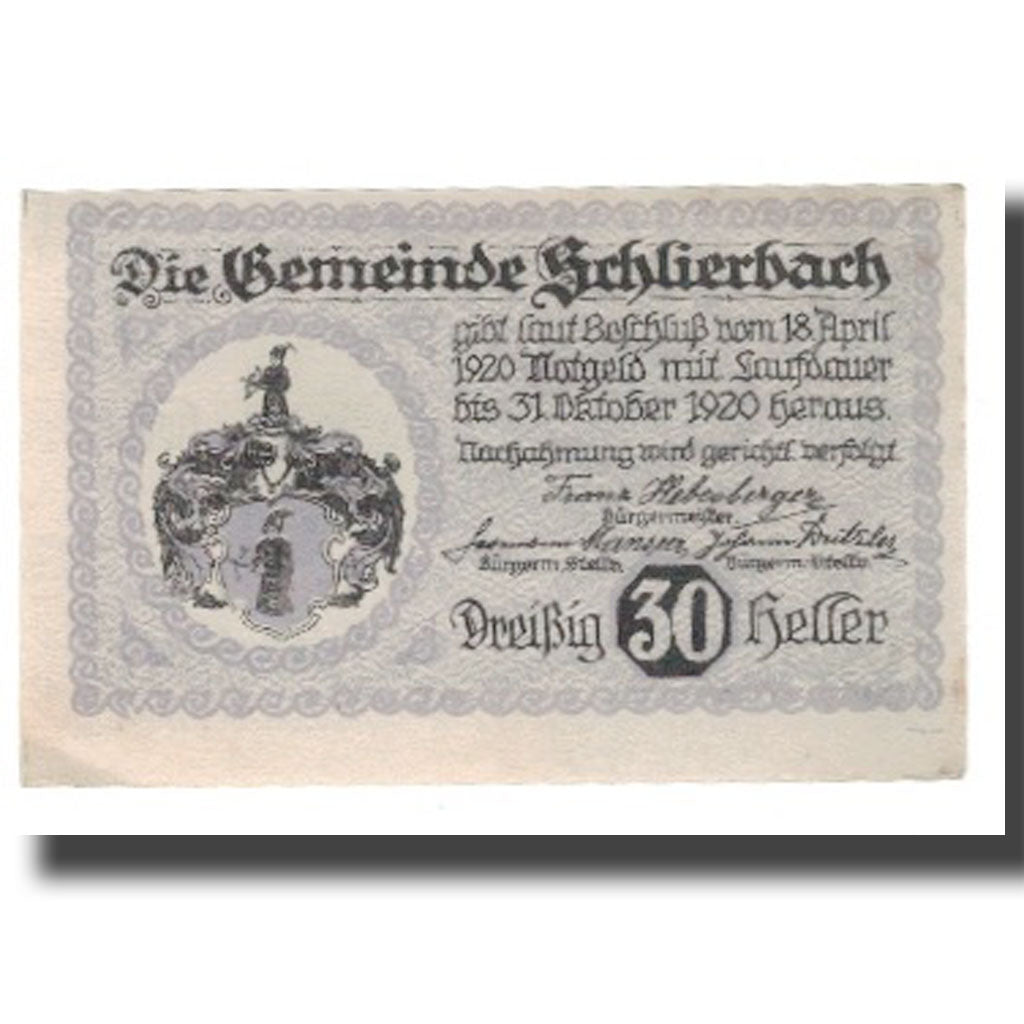 Nota, Áustria, Schlierbach O.Ö. Gemeinde, 30 Heller, Blason, 1920, 1920-04-18